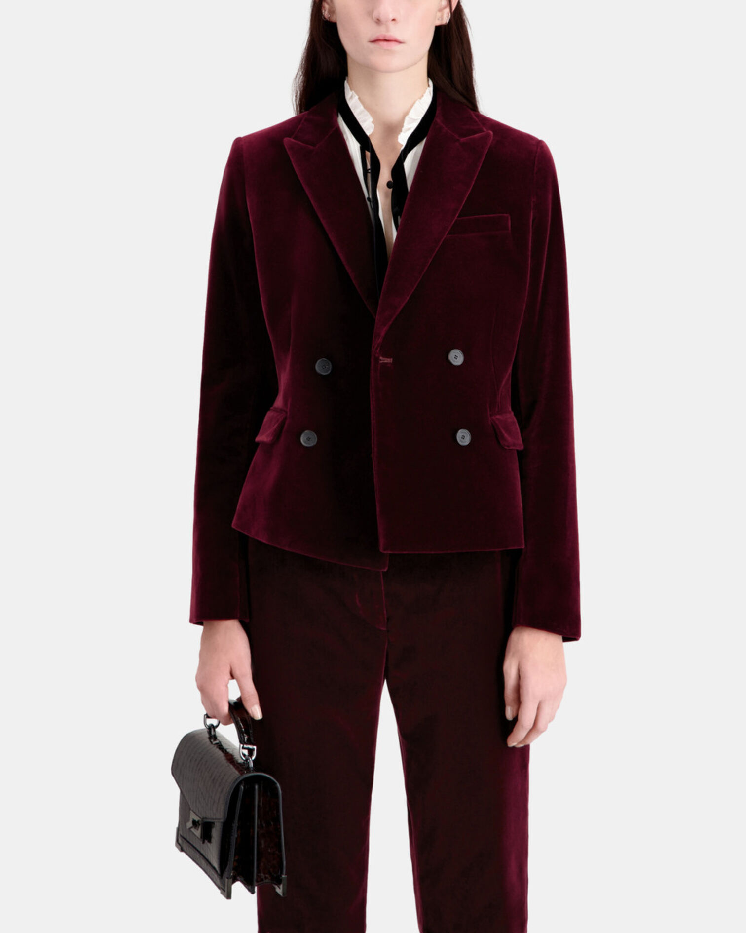 Veste tailleur bordeaux courte en velours, BURGUNDY, hi-res image number null