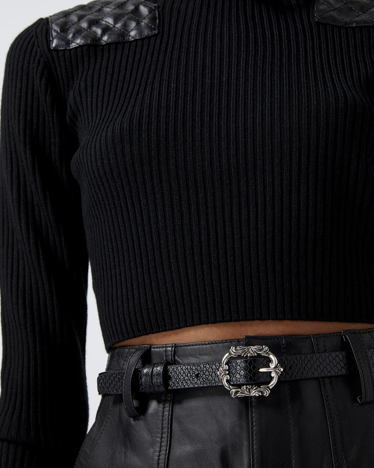 Skinny snake-effect black leather belt, BLACK, hi-res image number null
