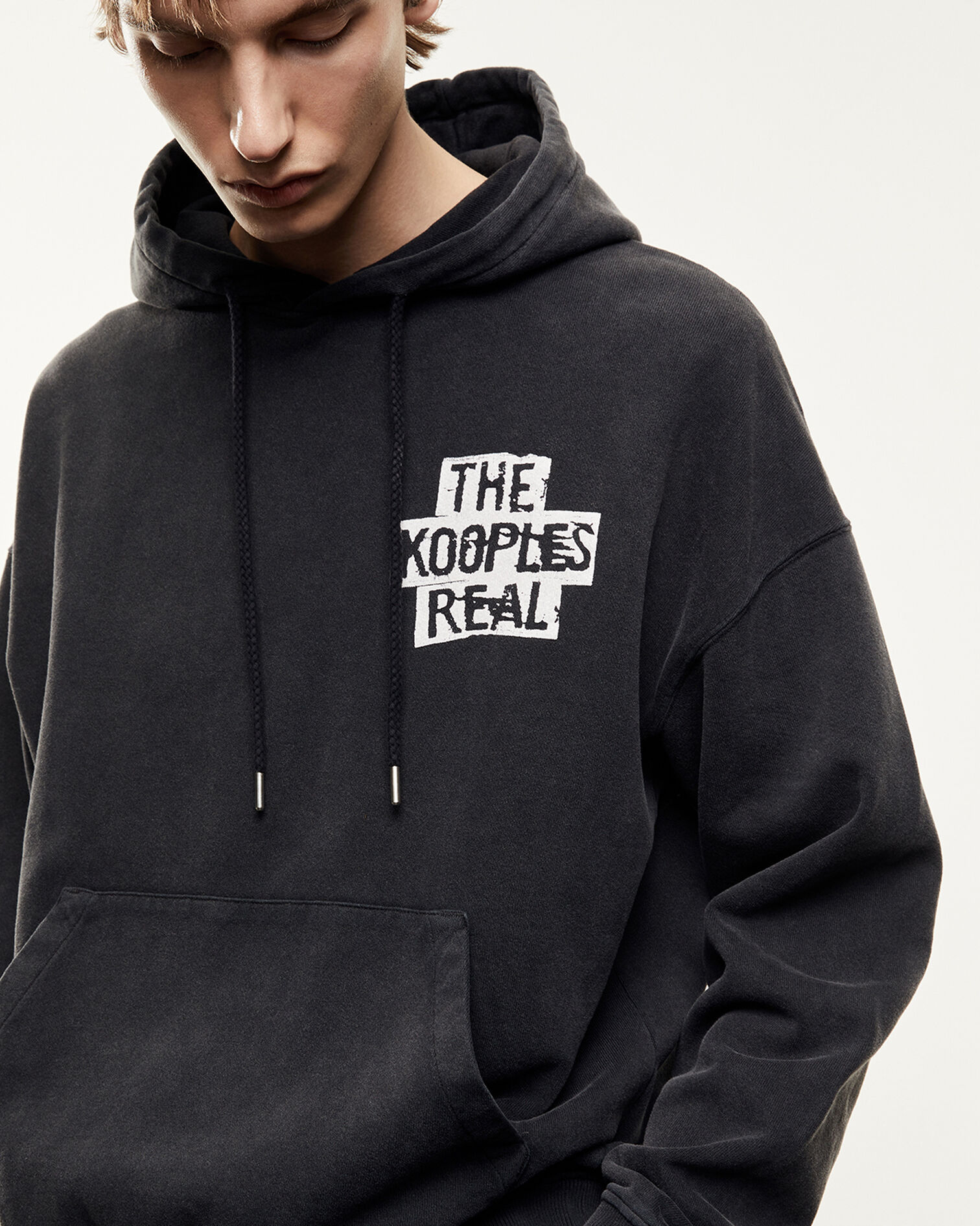 Dark gray sweatshirt with hood and print, BLACK WASHED, hi-res image number null