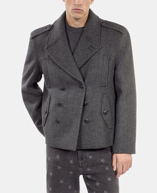 The Kooples MEN BLACK GREY black herringbone wool blend pea coat