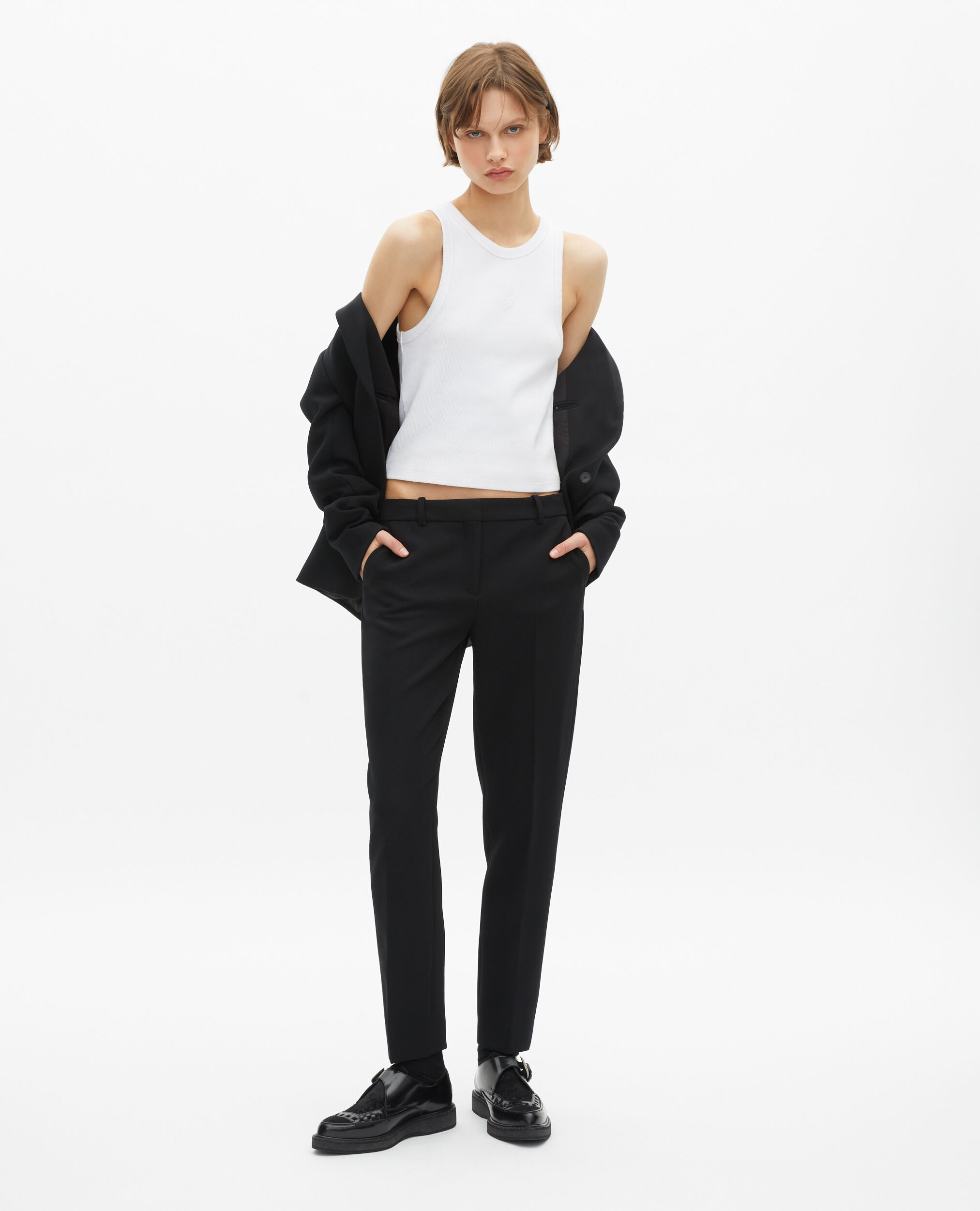 Black crepe tailored pants, straight cut, BLACK, hi-res image number null