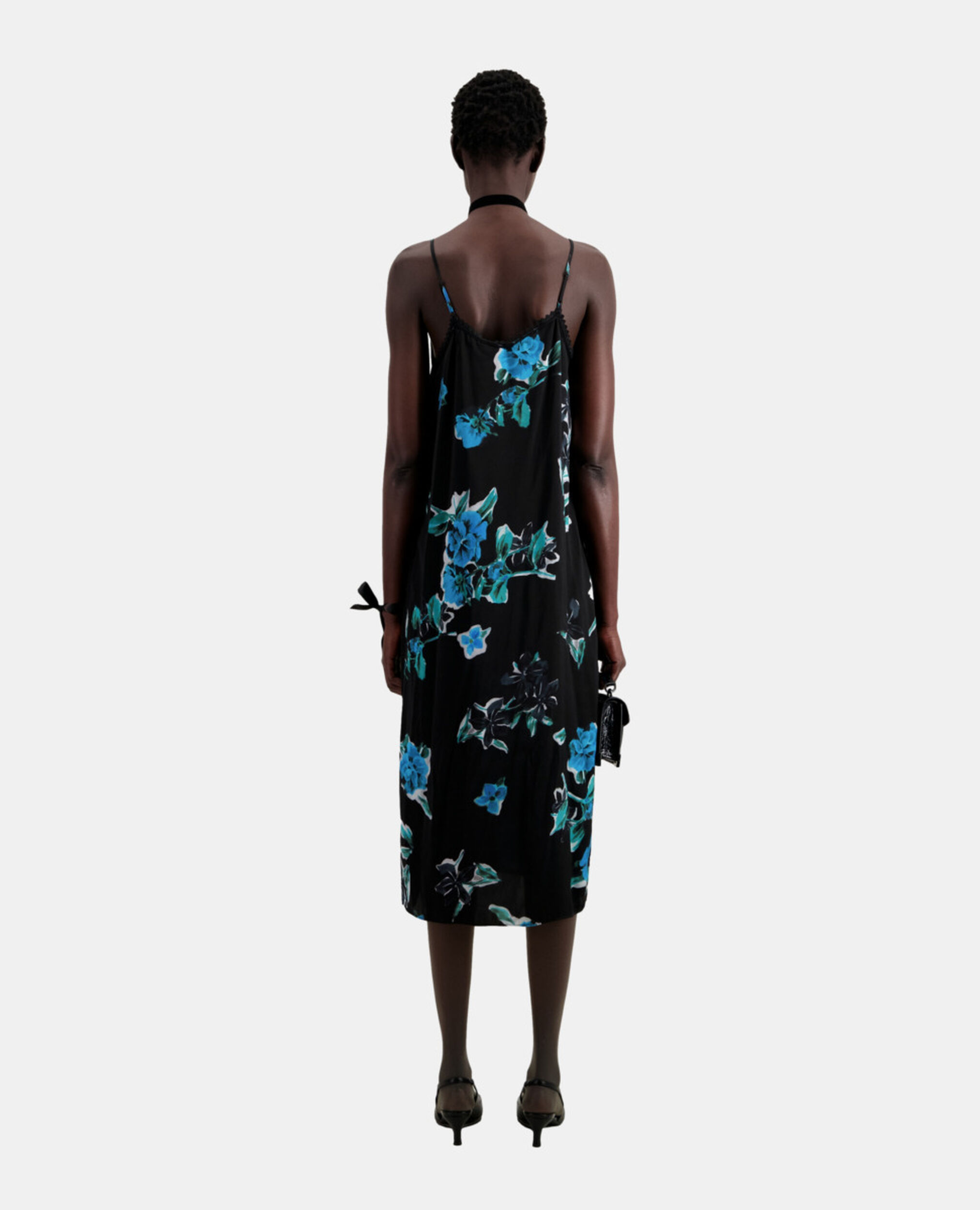 Long printed slip dress with lace details, BLACK BLUE, hi-res image number null