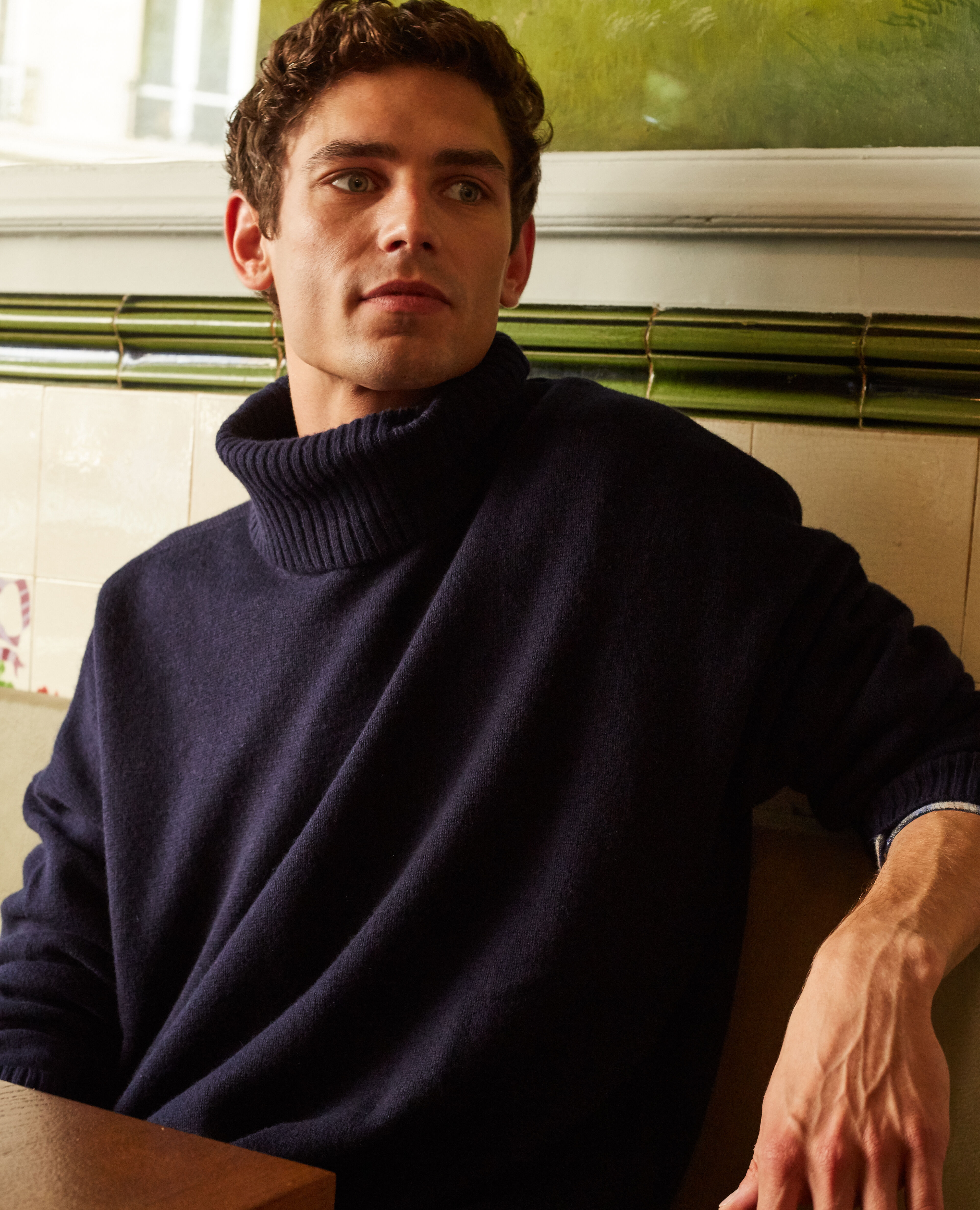 Navy cashmere turtleneck sweater on sale