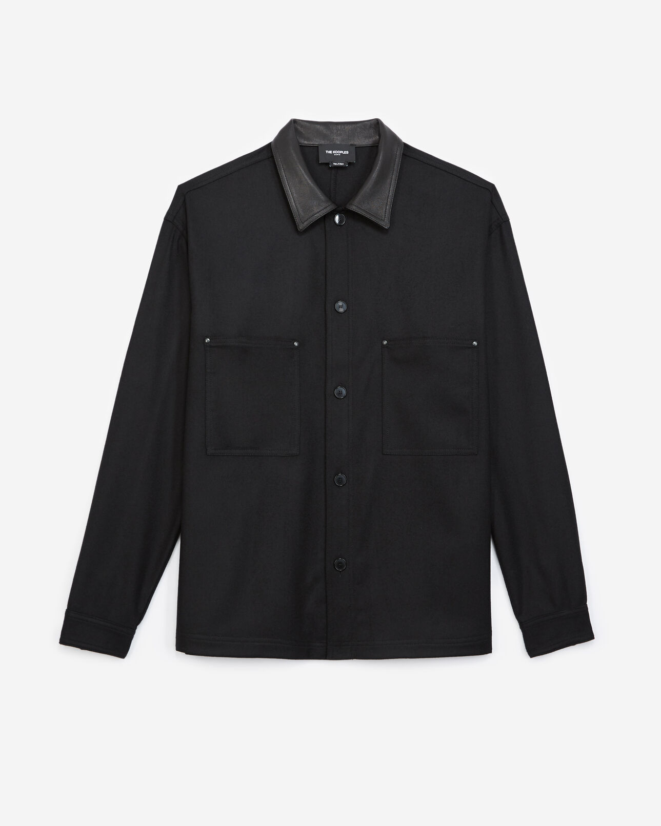 The Kooples MEN BLACK buttoned black wool shirt with leather collar