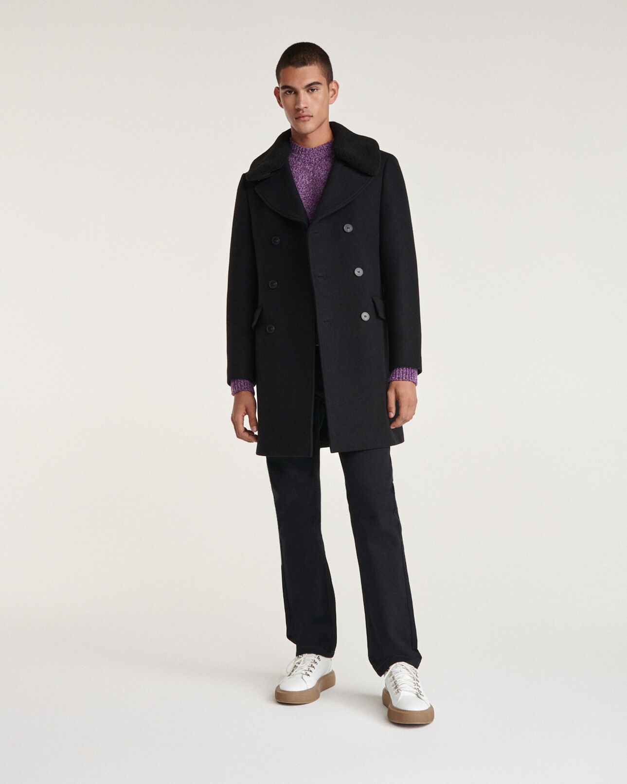 The Kooples HOMME BLACK manteau laine noire long à col mouton