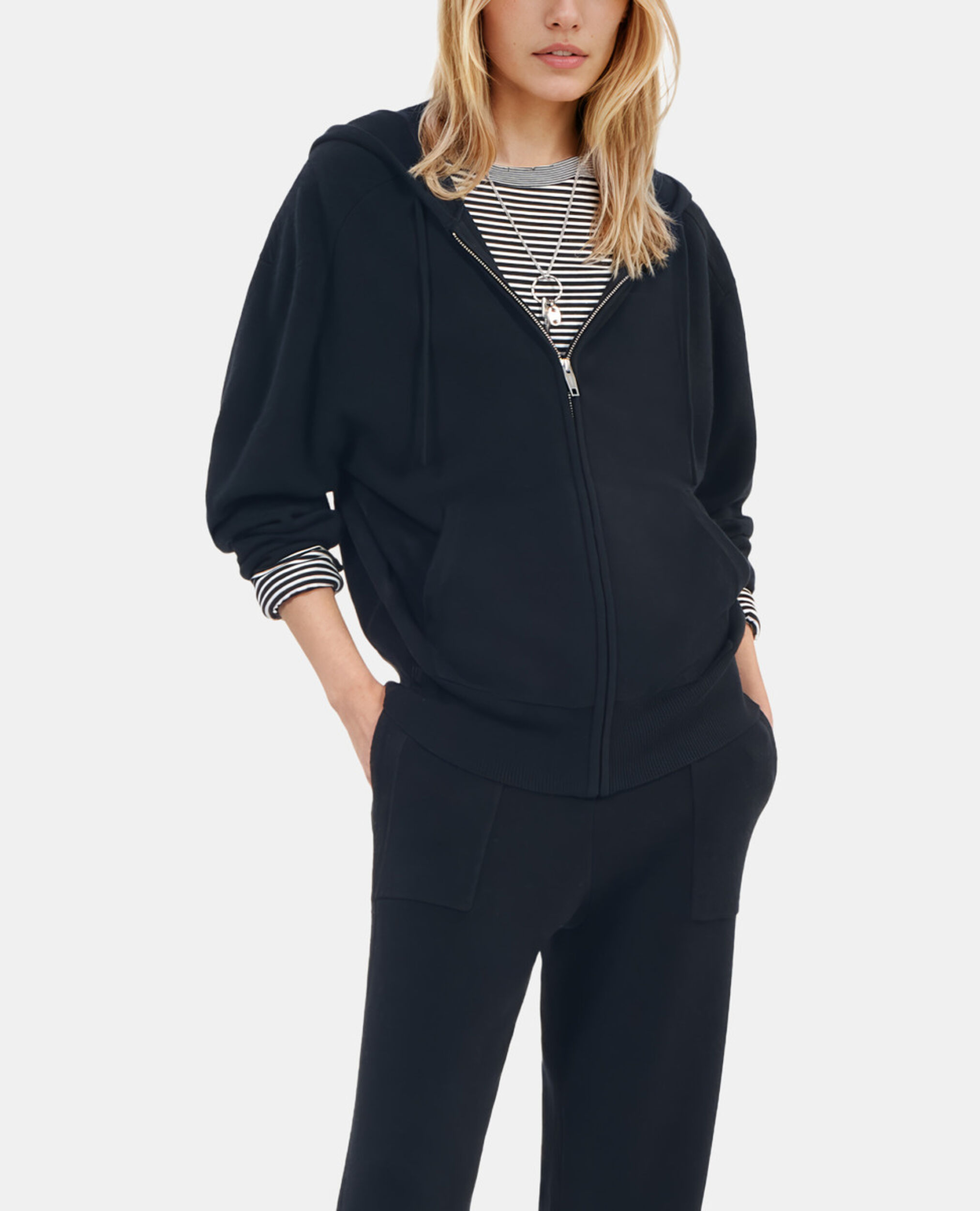 Black wool and cashmere hoodie, BLACK, hi-res image number null