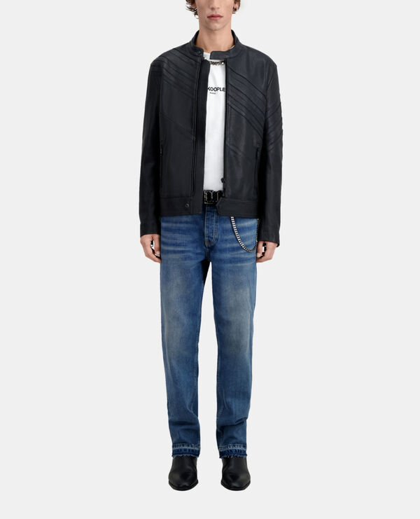 blouson biker en cuir noir