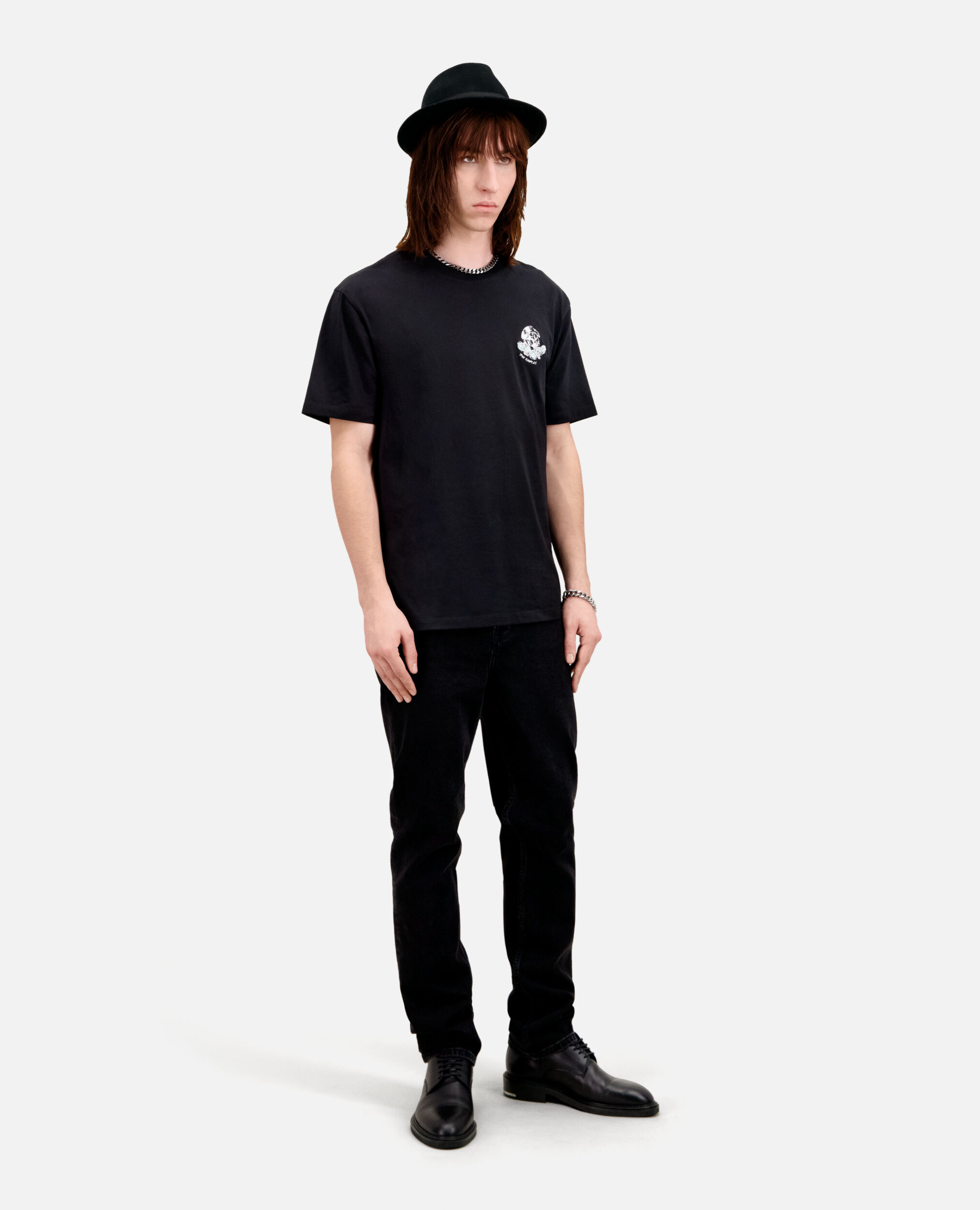 Schwarzes T-Shirt Herren mit Vintage-Skull-Stickerei, BLACK, hi-res image number null