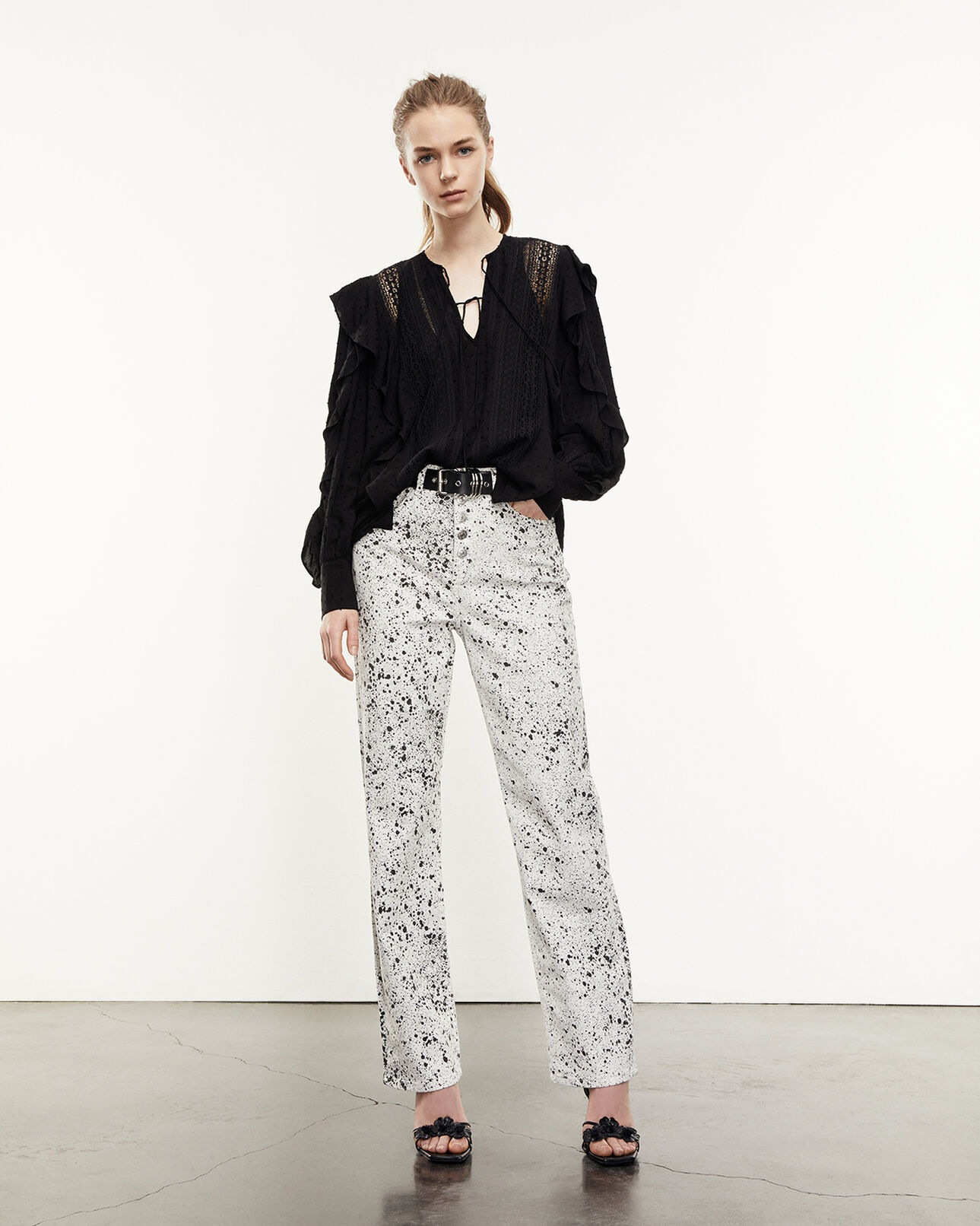The Kooples WOMEN BLACK flowing flounced black top with lace