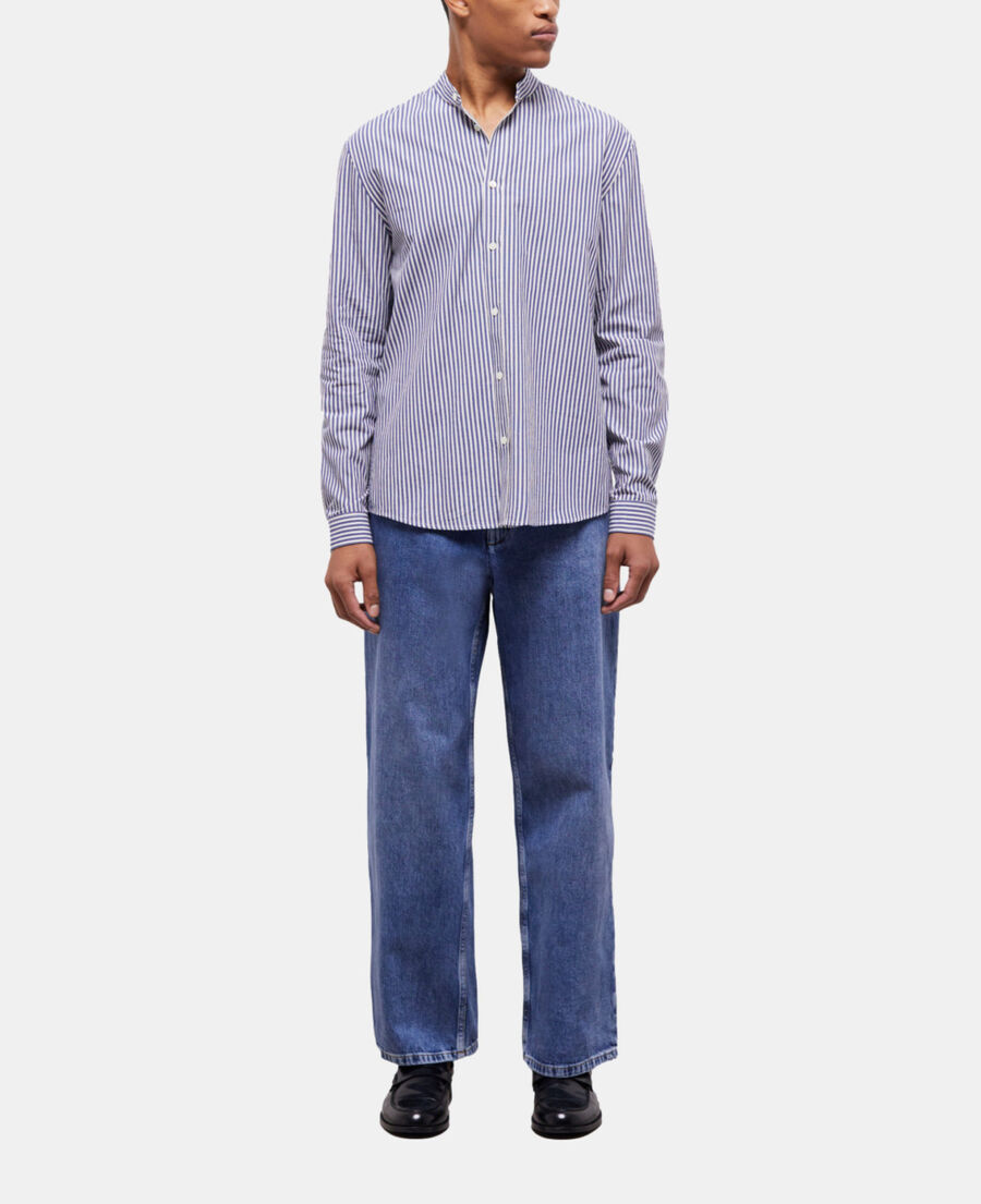 blue-striped shirt with officer collar