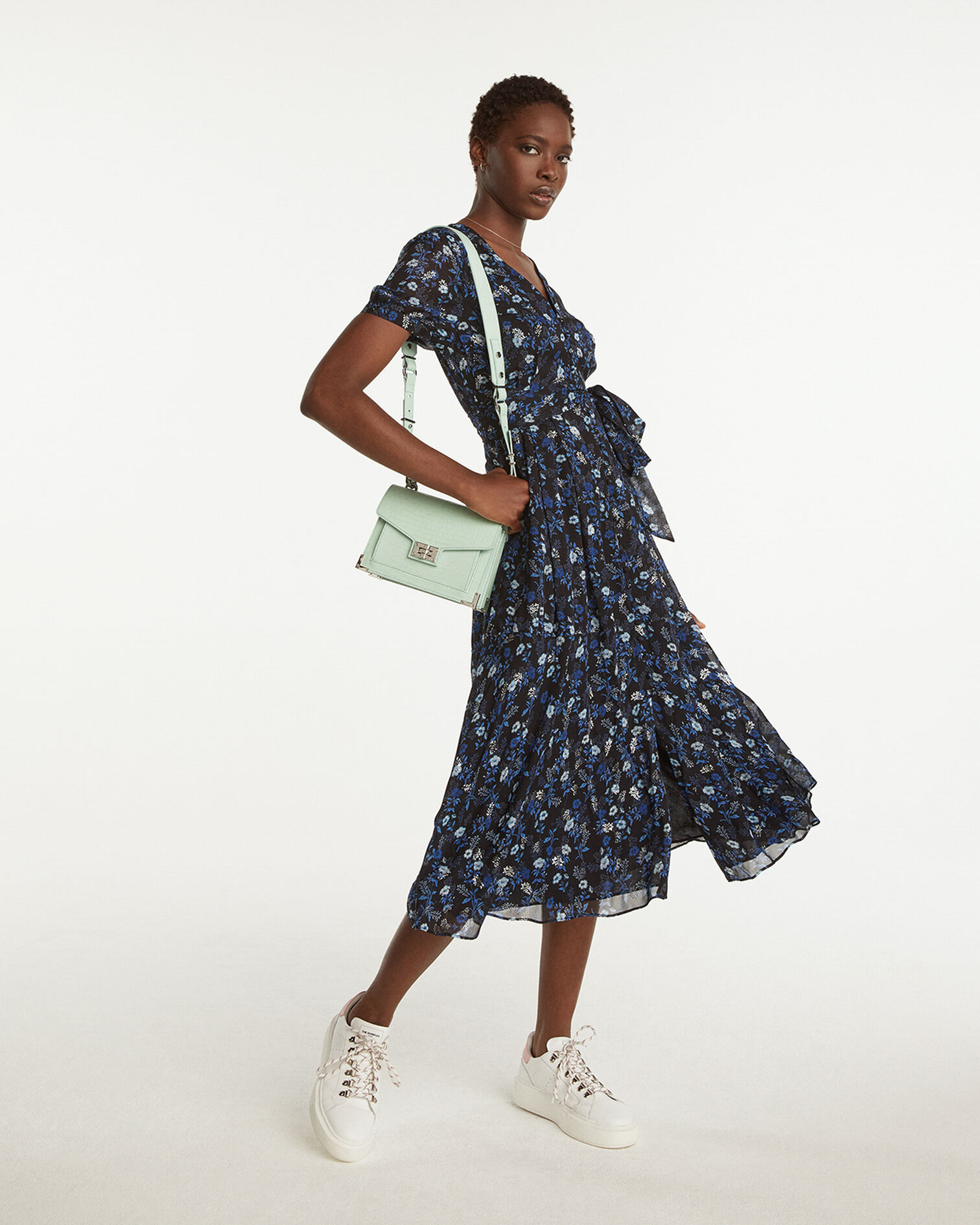Long dress with floral print - silver detail, BLUE, hi-res image number null
