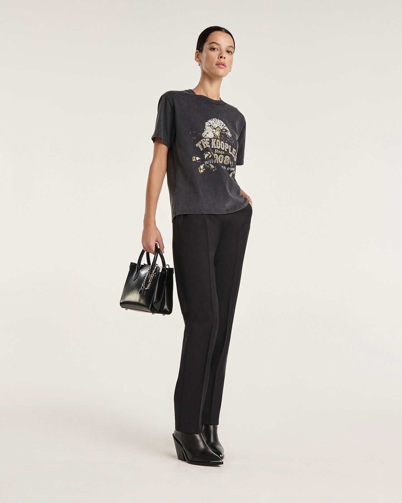 The Kooples FEMME BLACK WASHED t-shirt noir délavé coton à sérigraphie