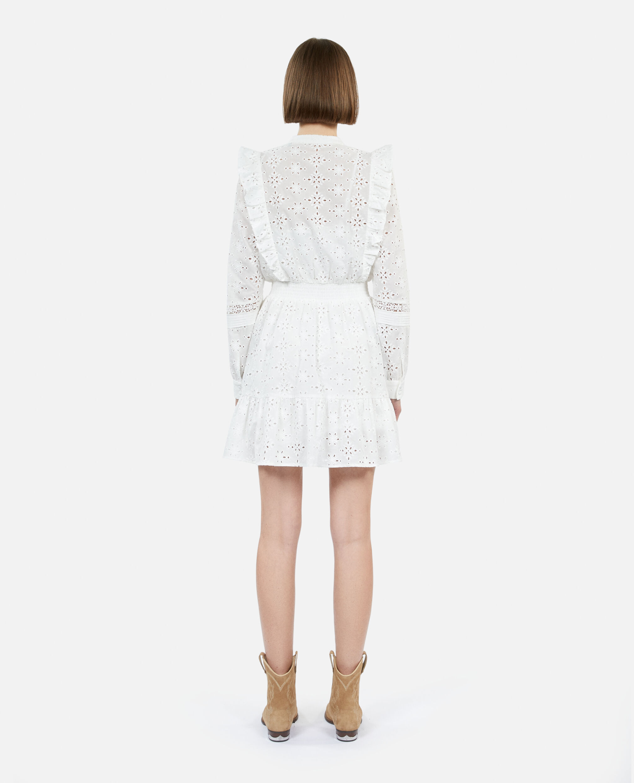 Short white dress in English embroidery, WHITE, hi-res image number null