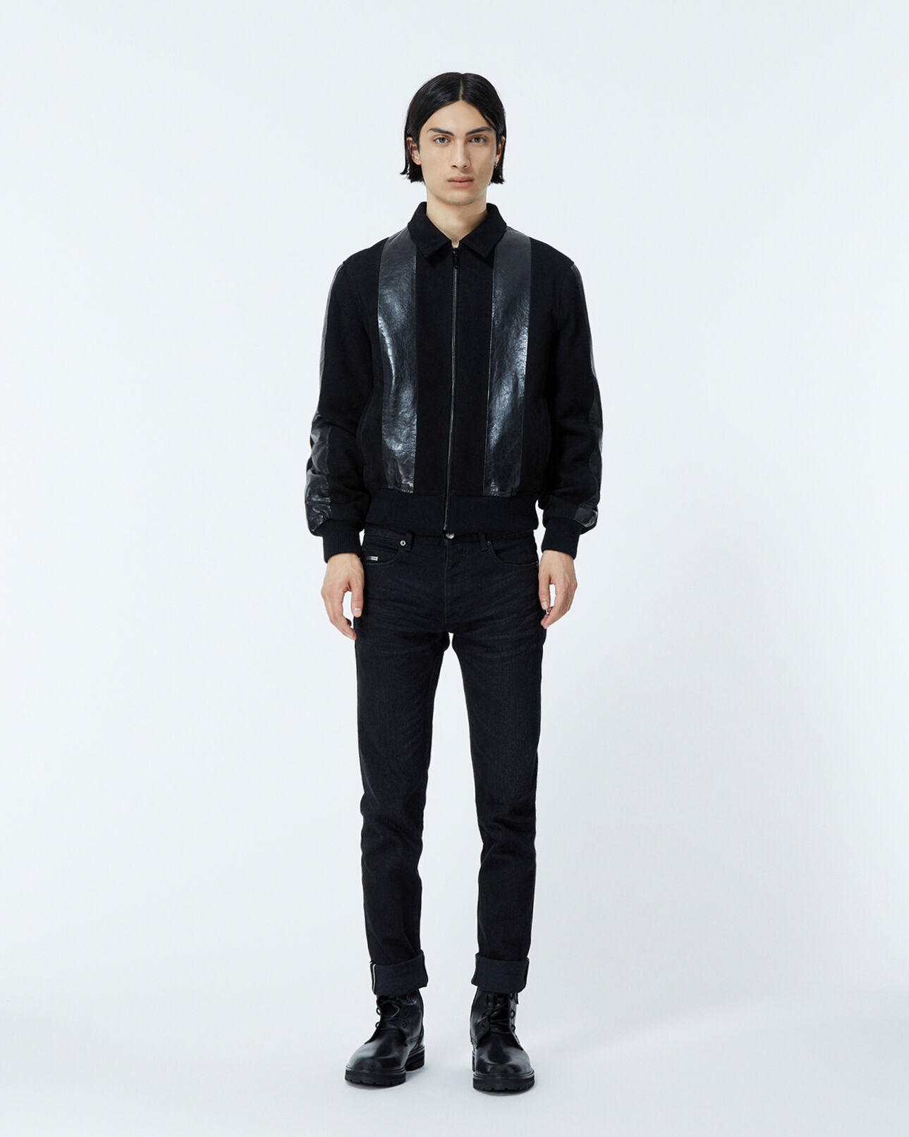 The Kooples MEN BLACK black leather jacket with contrasting stripes