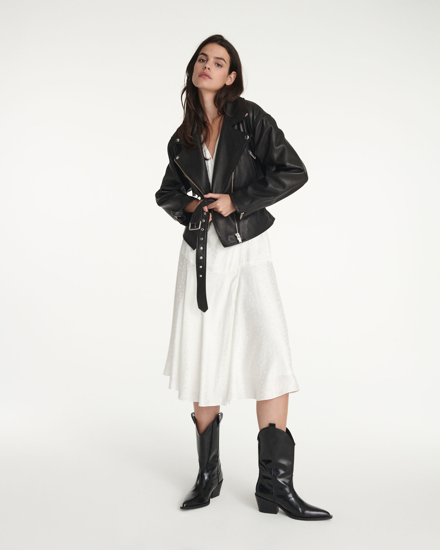 Belted biker-style black leather jacket, BLACK, hi-res image number null