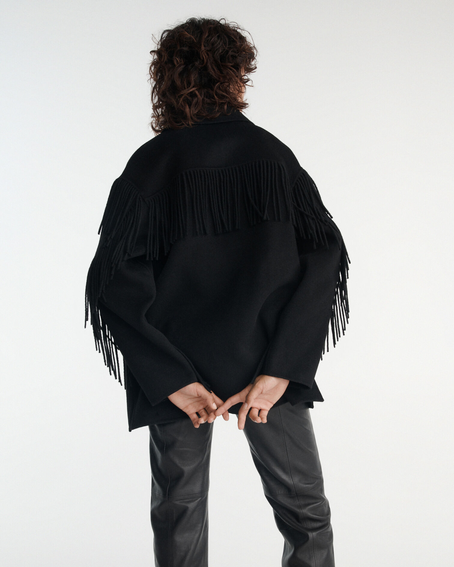 Black wool jacket with western-style fringing, BLACK, hi-res image number null