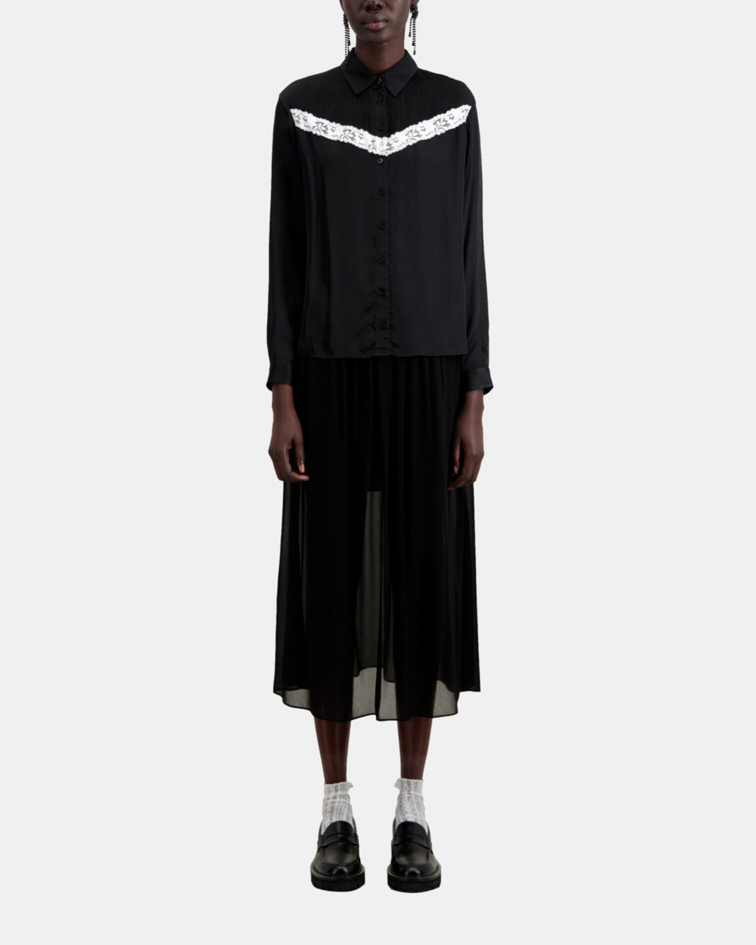 Chemise noire avec détail en dentelle, BLACK, hi-res image number null
