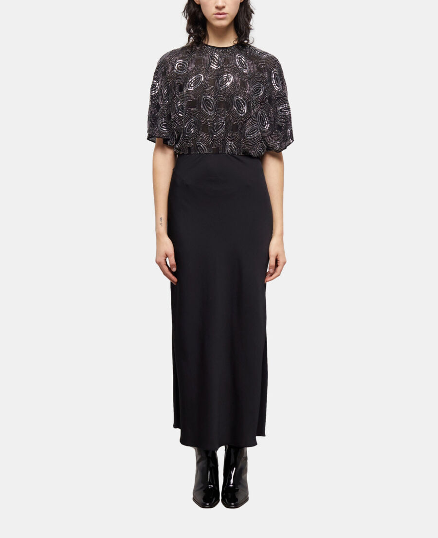 robe longue noire à perles argentées