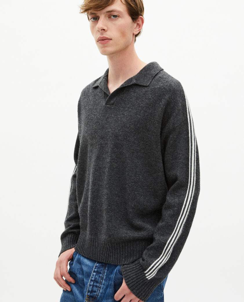 The Kooples MEN GREY wool polo neck sweater with contrasting gray stripes
