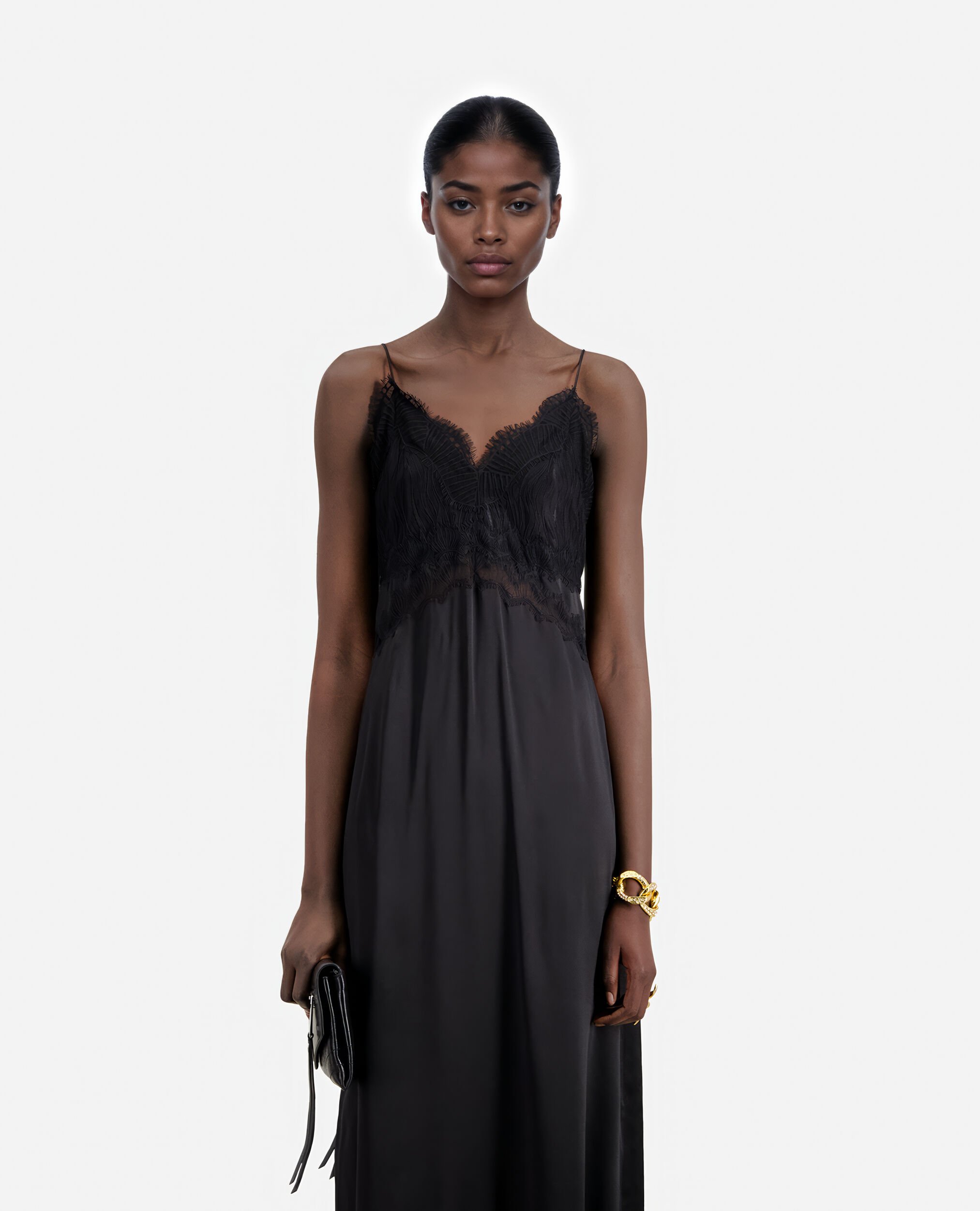 Robe nuisette longue avec dentelle noire, BLACK, hi-res image number null