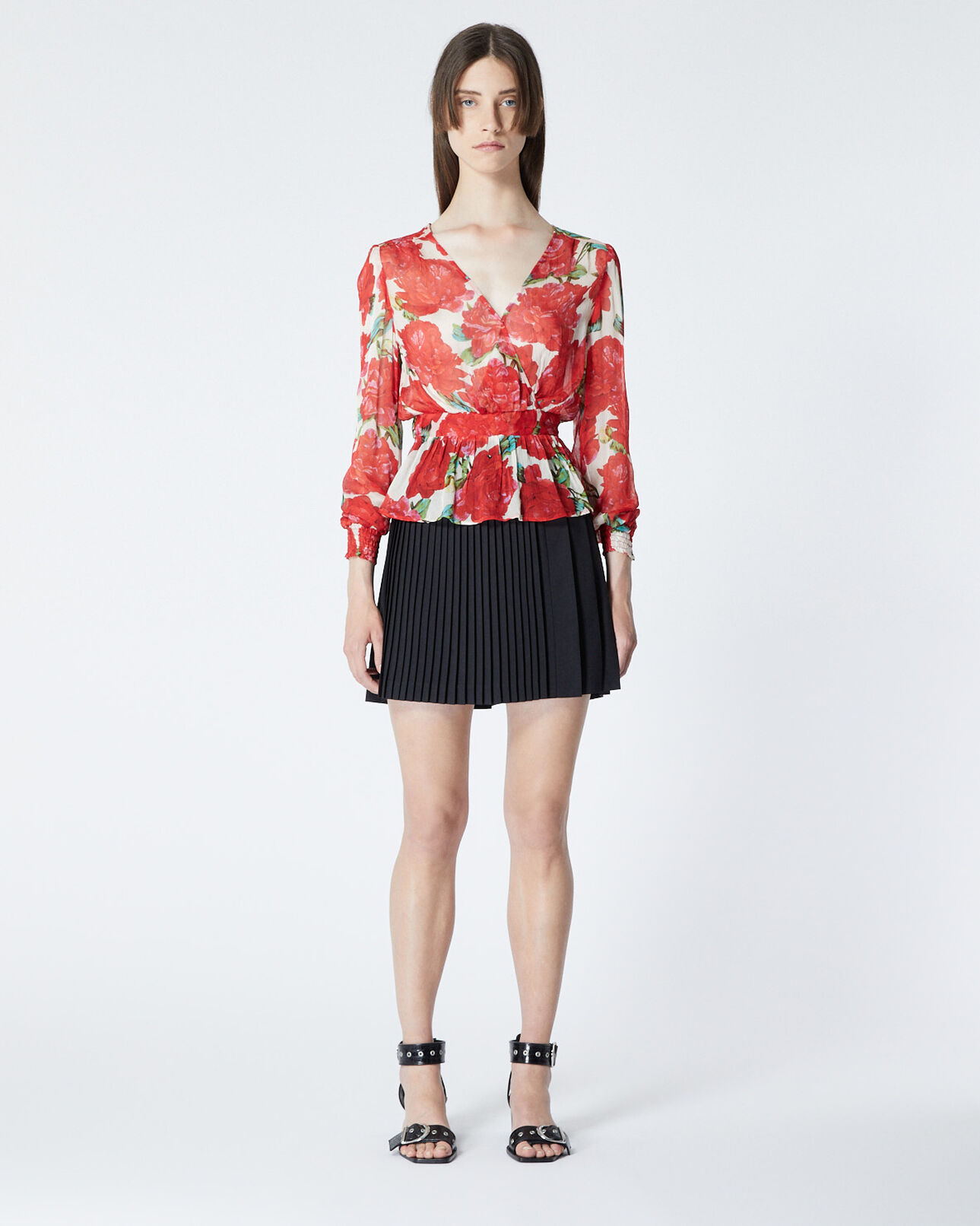 The Kooples FEMME ECRU RED top cache-cœur imprimé fleurs rouges