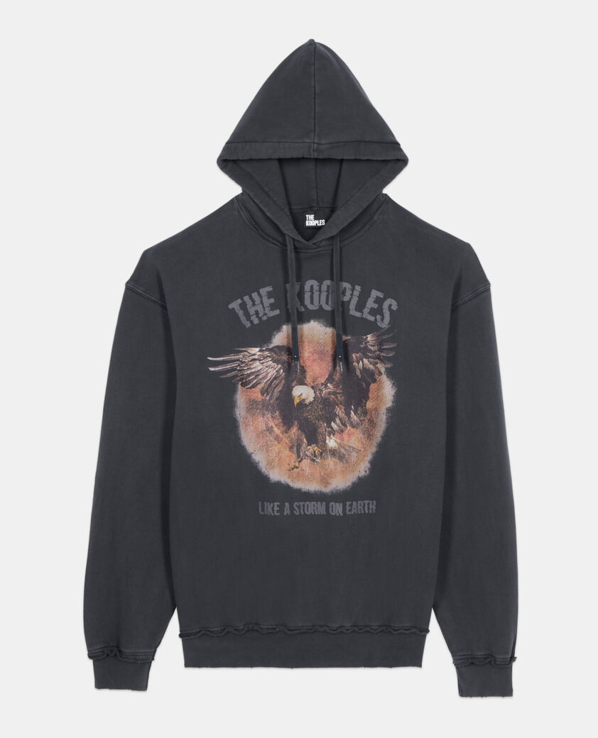 The Kooples HERREN BLACK WASHED schwarzes kapuzensweatshirt mit siebdruck