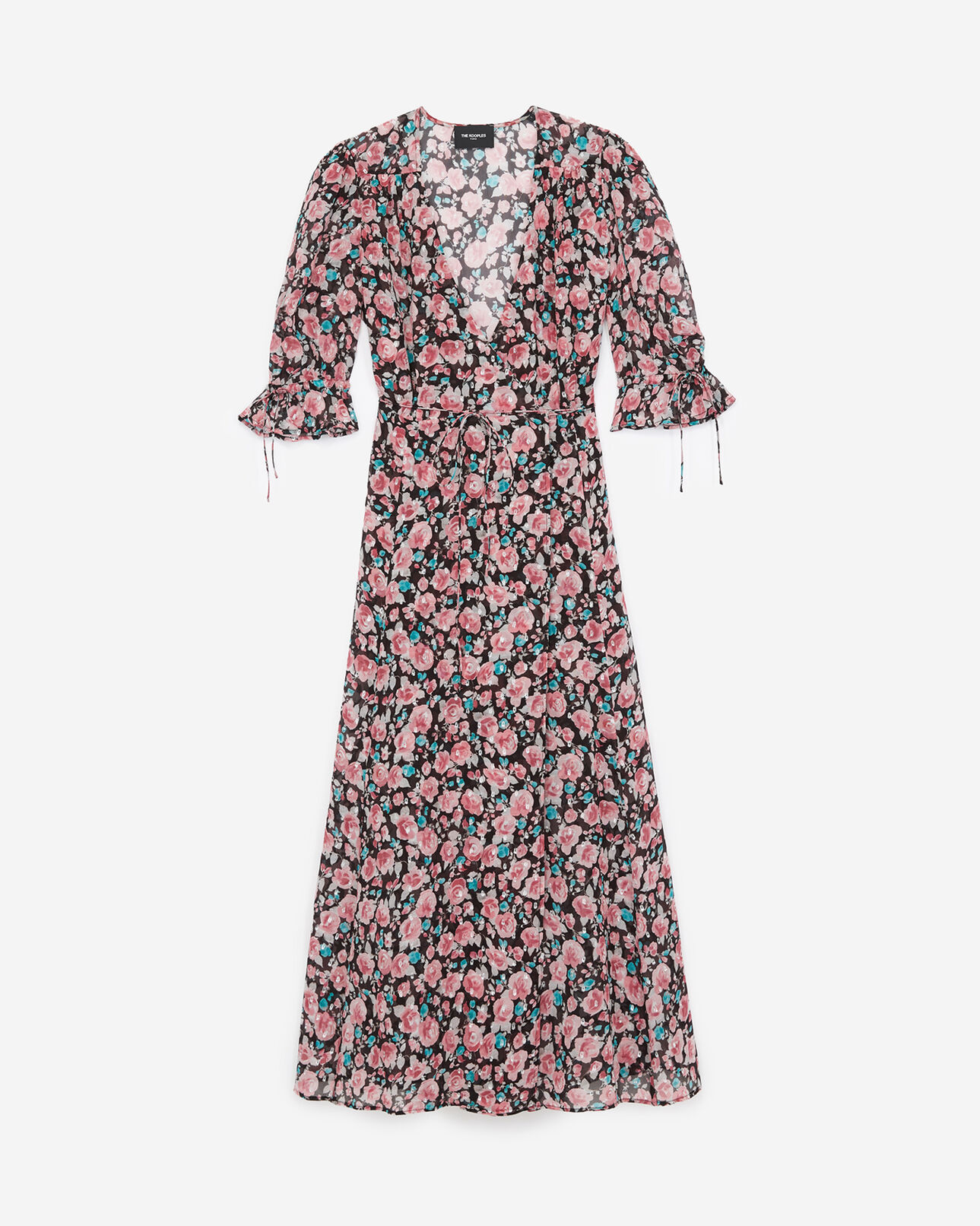The Kooples FEMME PINK / BLACK robe longue à fleurs cache-cœur