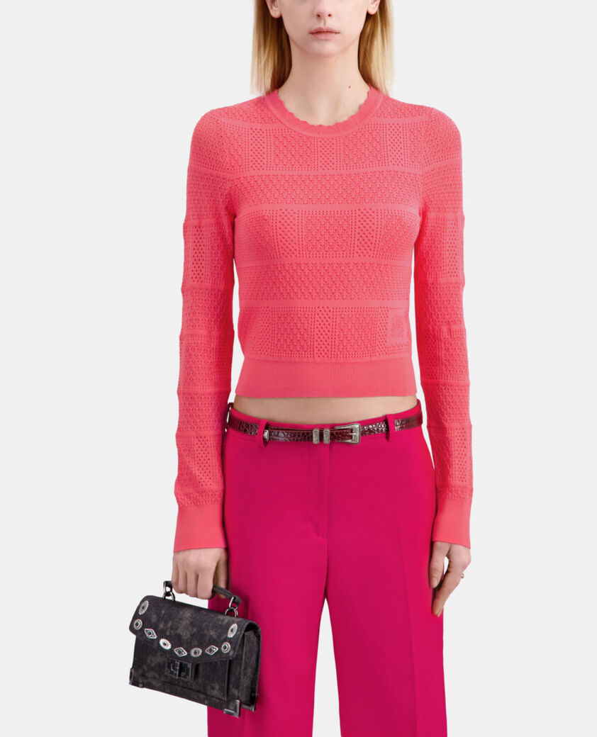 The Kooples WOMEN RETRO PINK fuchsia openwork knit sweater