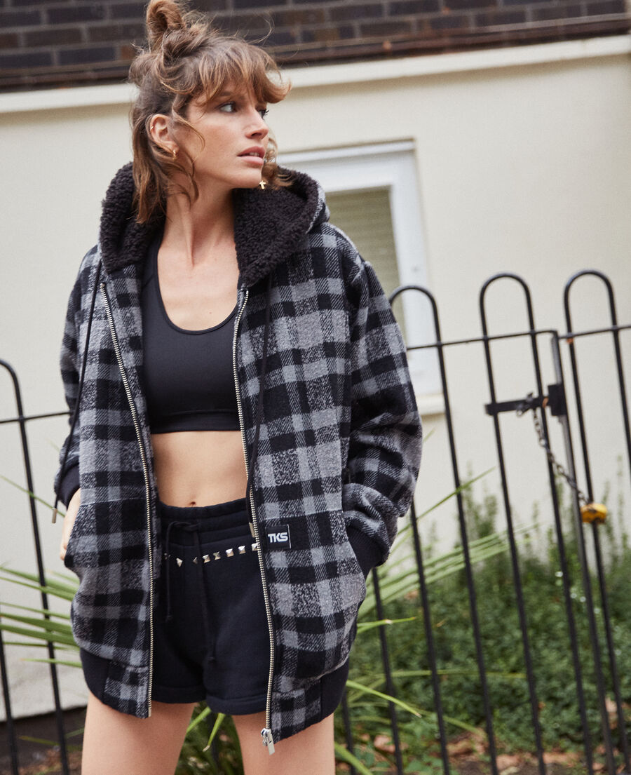 Blouson laine carreaux gris et noir