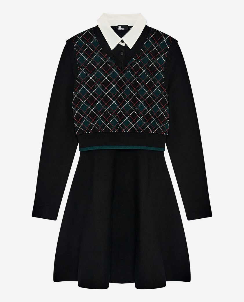 The Kooples FEMME BLACK DARK GREEN robe courte en maille à carreaux noire