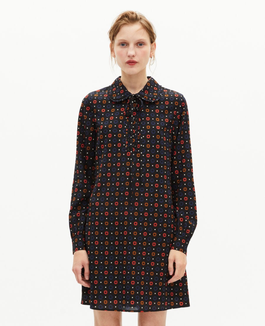 The Kooples DAMEN BLACK MELANGE kurzes kleid mit punkte- und blumenprint aus seidenmischgewebe in schwarz