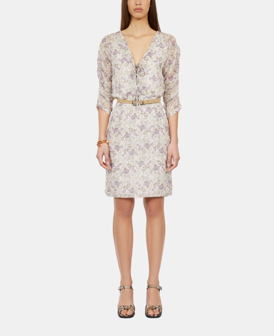 The Kooples FEMME ECRU/MAUVE CHALK robe courte fleurie avec laçage