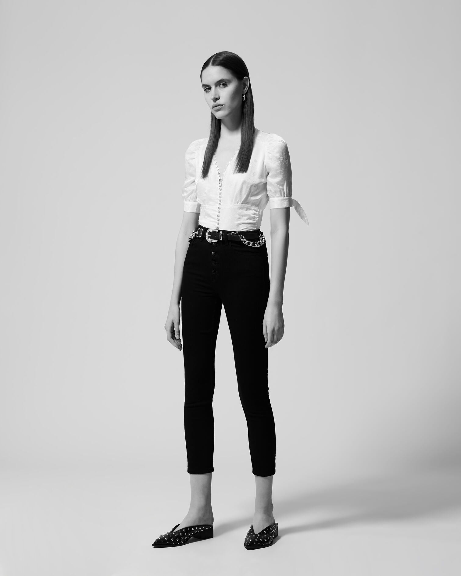 Buttoned short ecru top with shoulder bows, ECRU, hi-res image number null