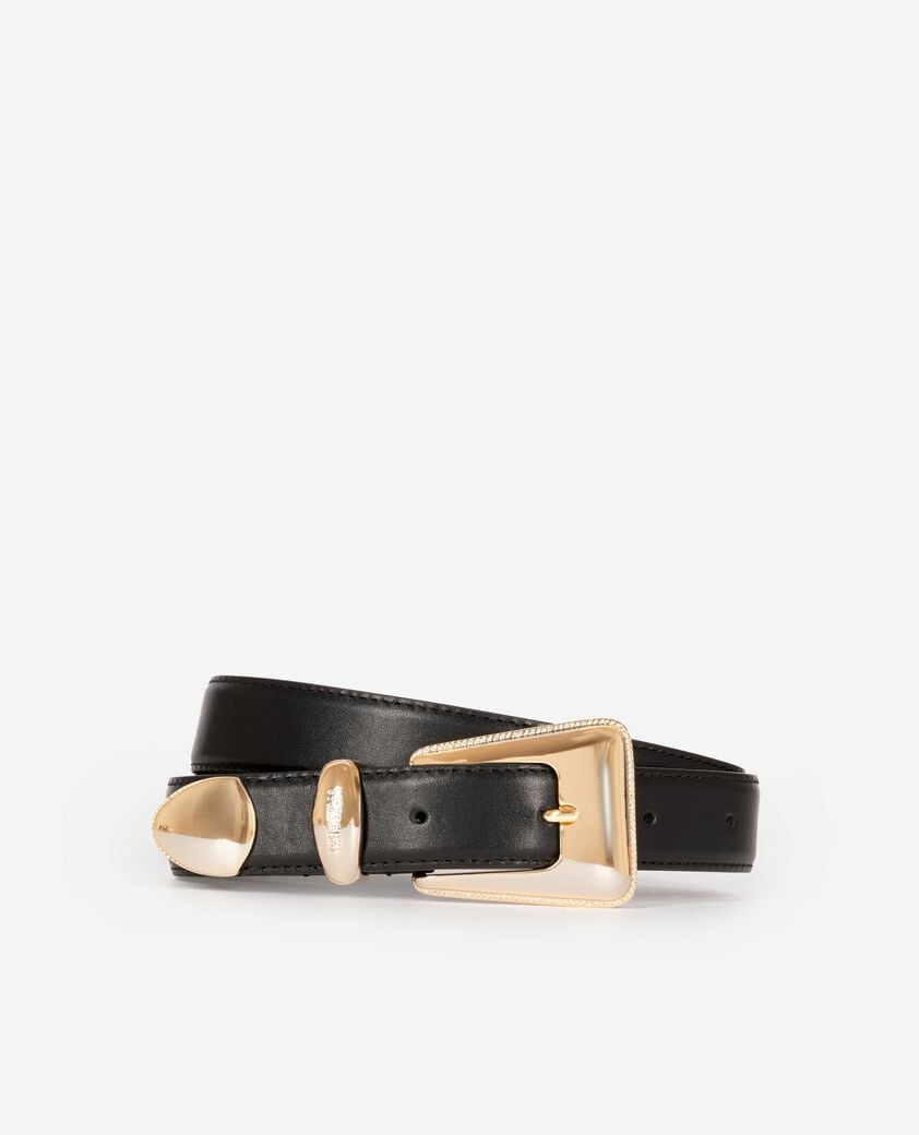 The Kooples FEMME BLACK ceinture boucle western dor&eacute;e en cuir noire