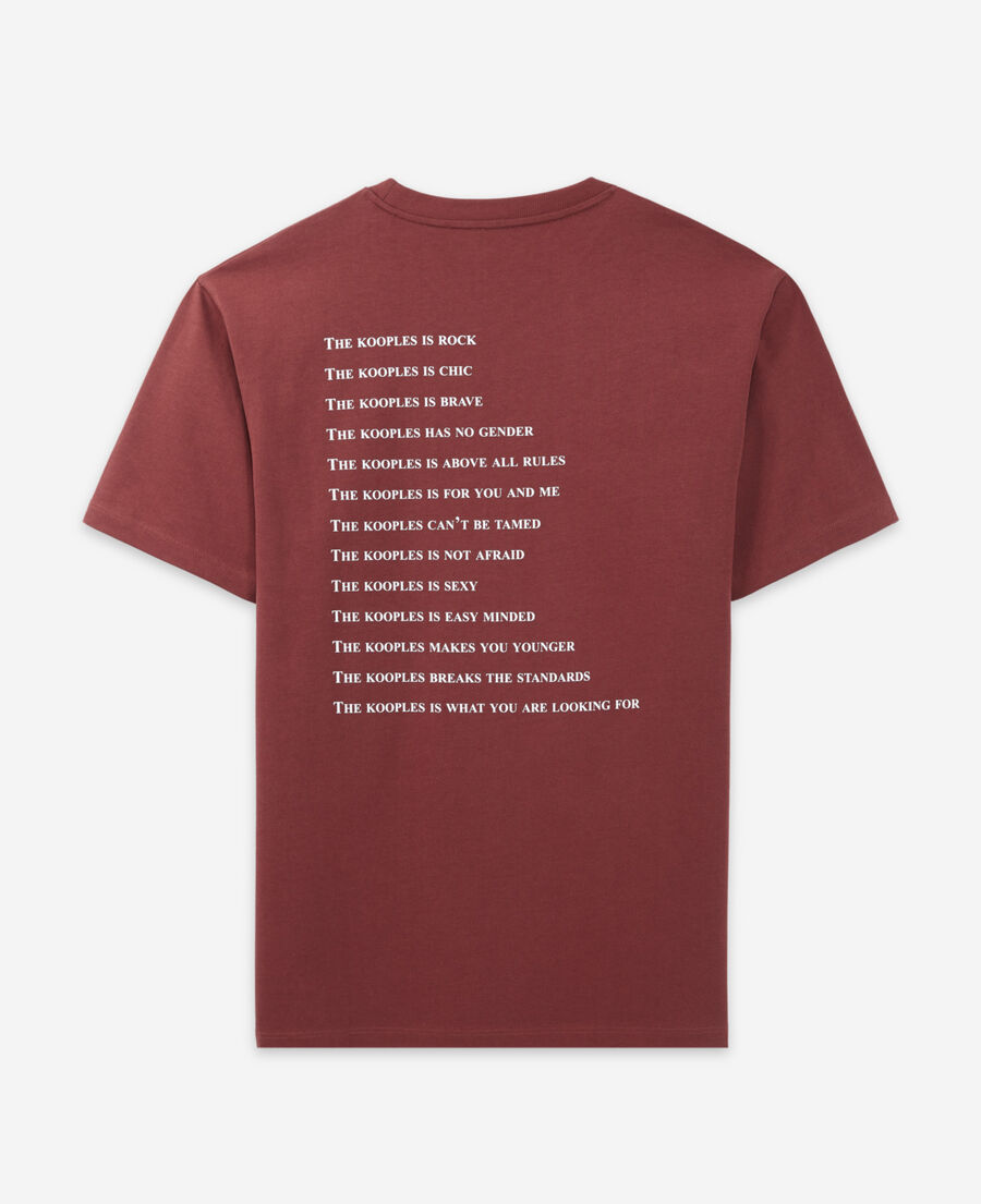 burgundy cotton t-shirt with what is print