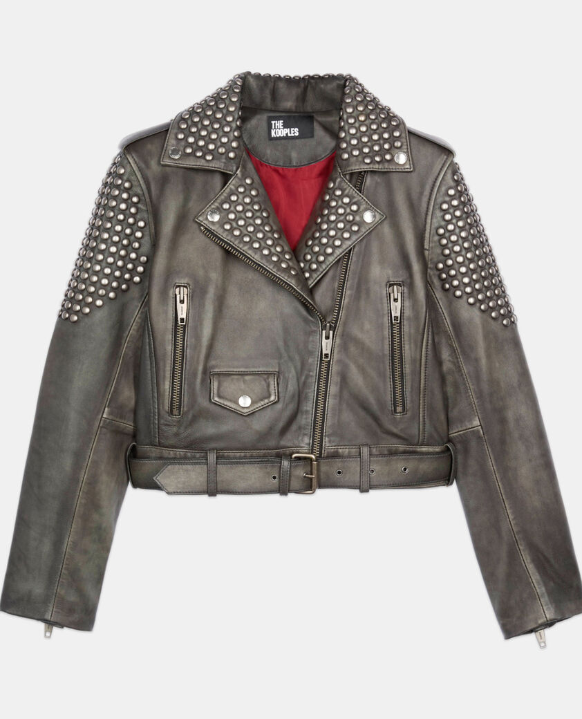 The Kooples FEMME BLACK blouson clout&eacute; en cuir noir
