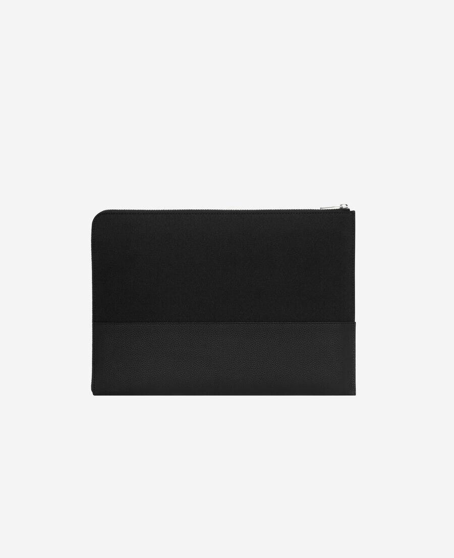 The Kooples HOMME BLACK pochette d'ordinateur en canvas et cuir grainé noir