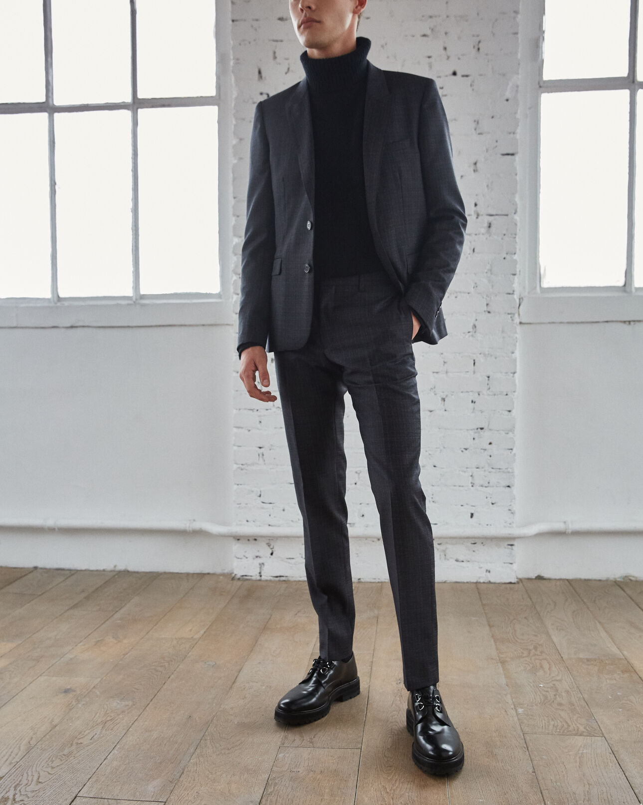 The Kooples MEN ANTHRACITE dark grey wool suit trousers with micro polka dots
