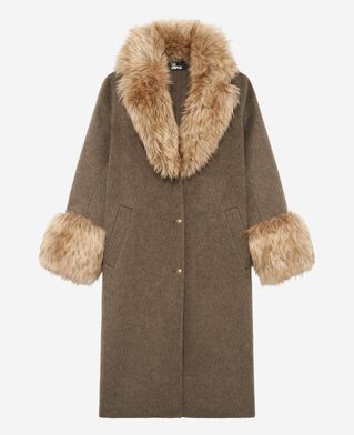 The Kooples WOMEN HAZELNUT long coat in double-faced wool and brown fur