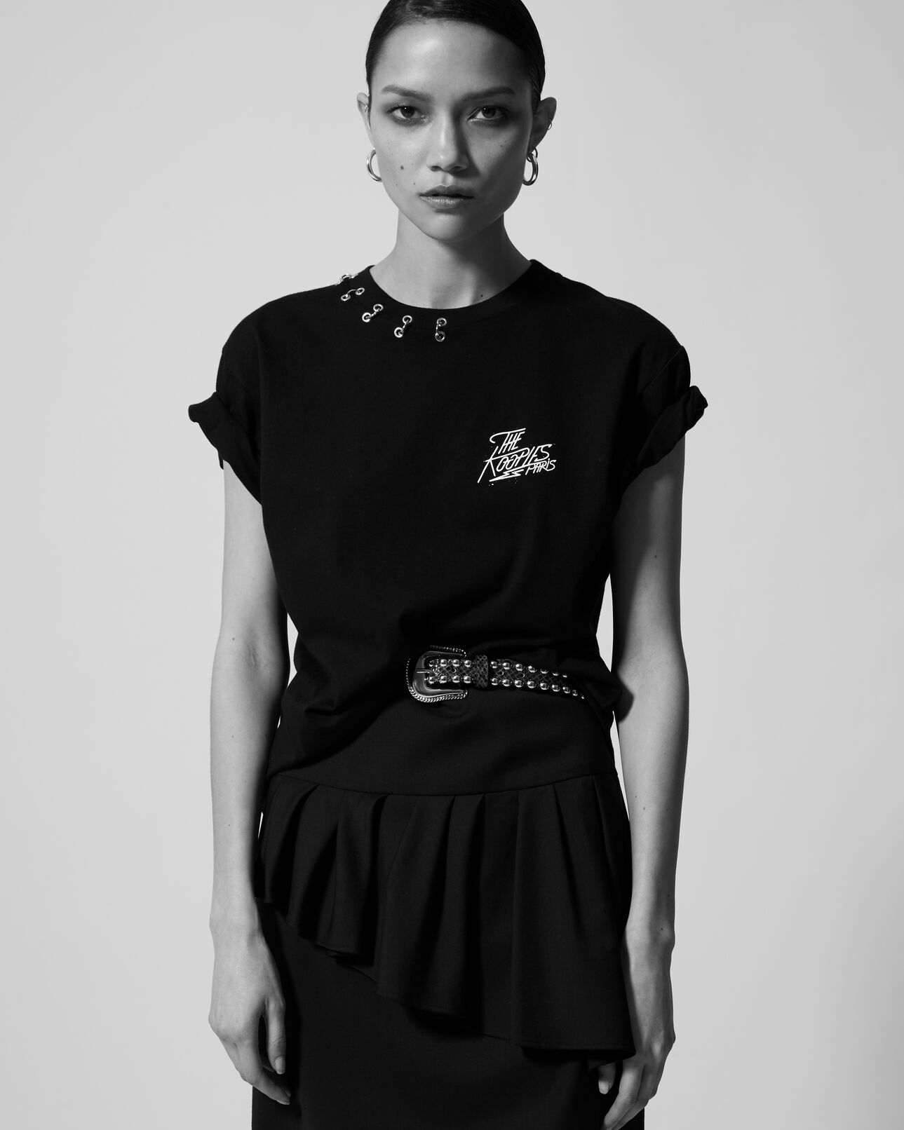 The Kooples FEMME BLACK jupe courte à volant laine stretch noire