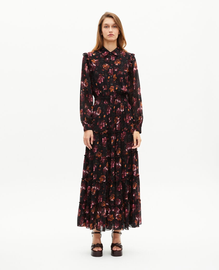 The Kooples FEMME BLACK - RED robe longue imprimé roses bordeaux