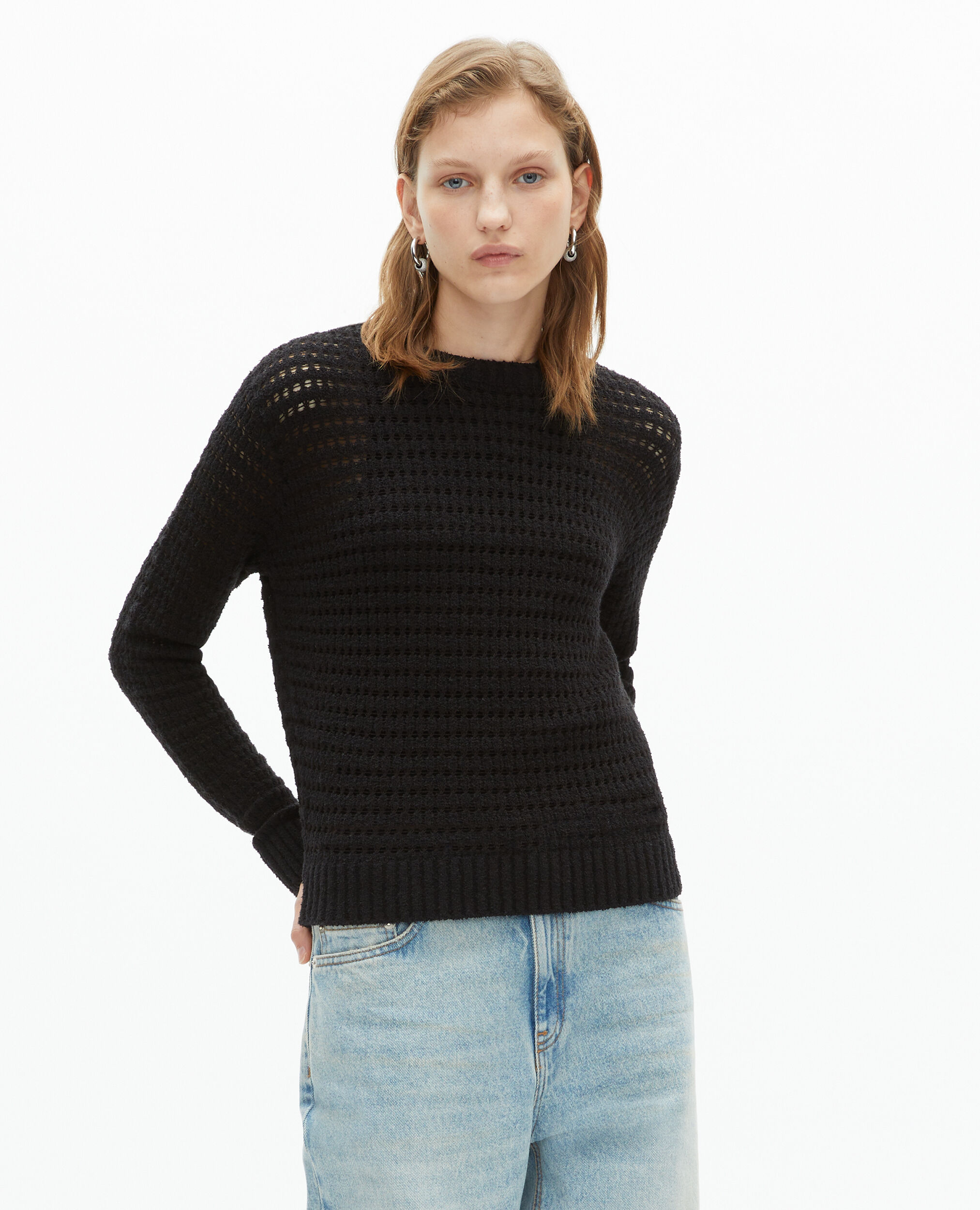 Black openwork cotton blend sweater, BLACK, hi-res image number null