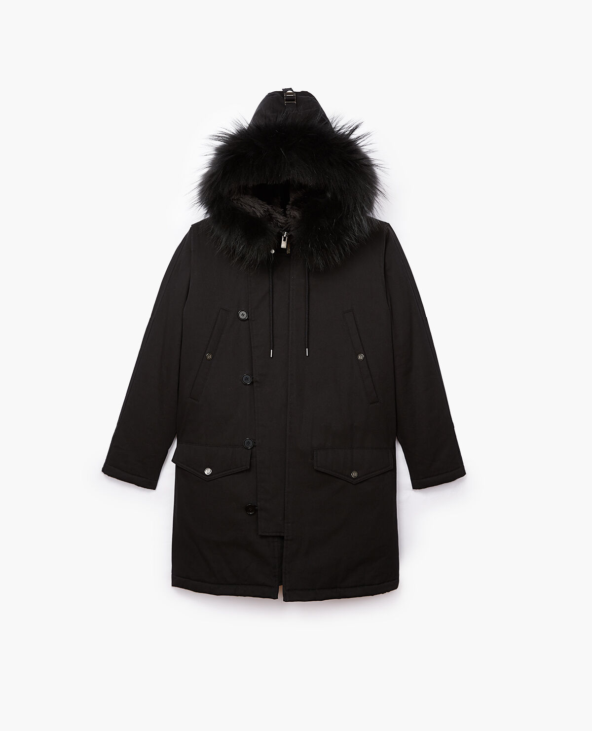 Long technical cotton parka with fur hood