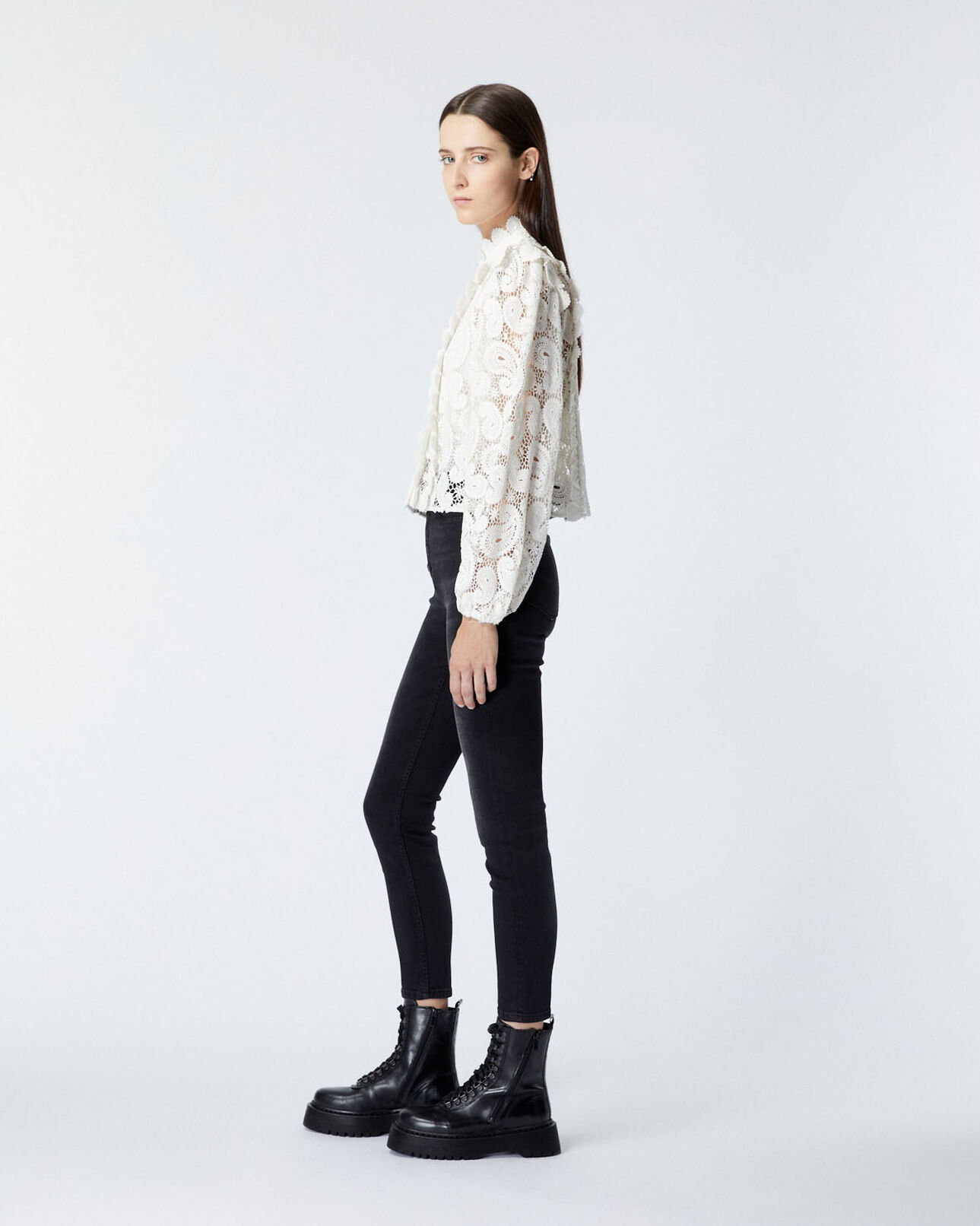 The Kooples FEMME ECRU chemise dentelle écrue à col montant