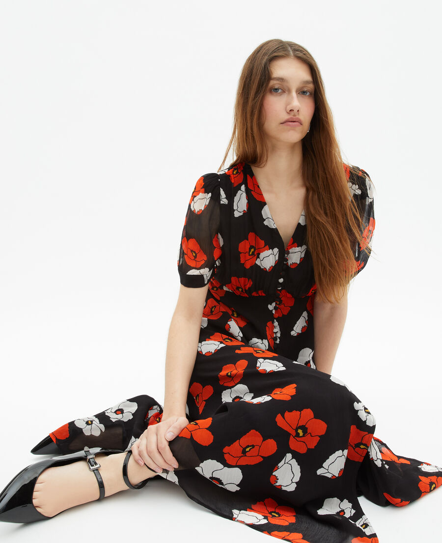 The Kooples WOMEN BLACK RED OFF WHITE black floral print maxi dress