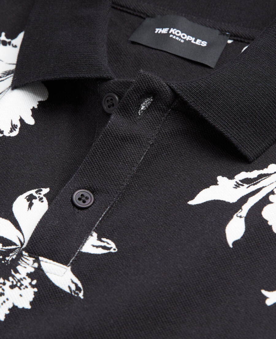 casual black and white polo with floral print
