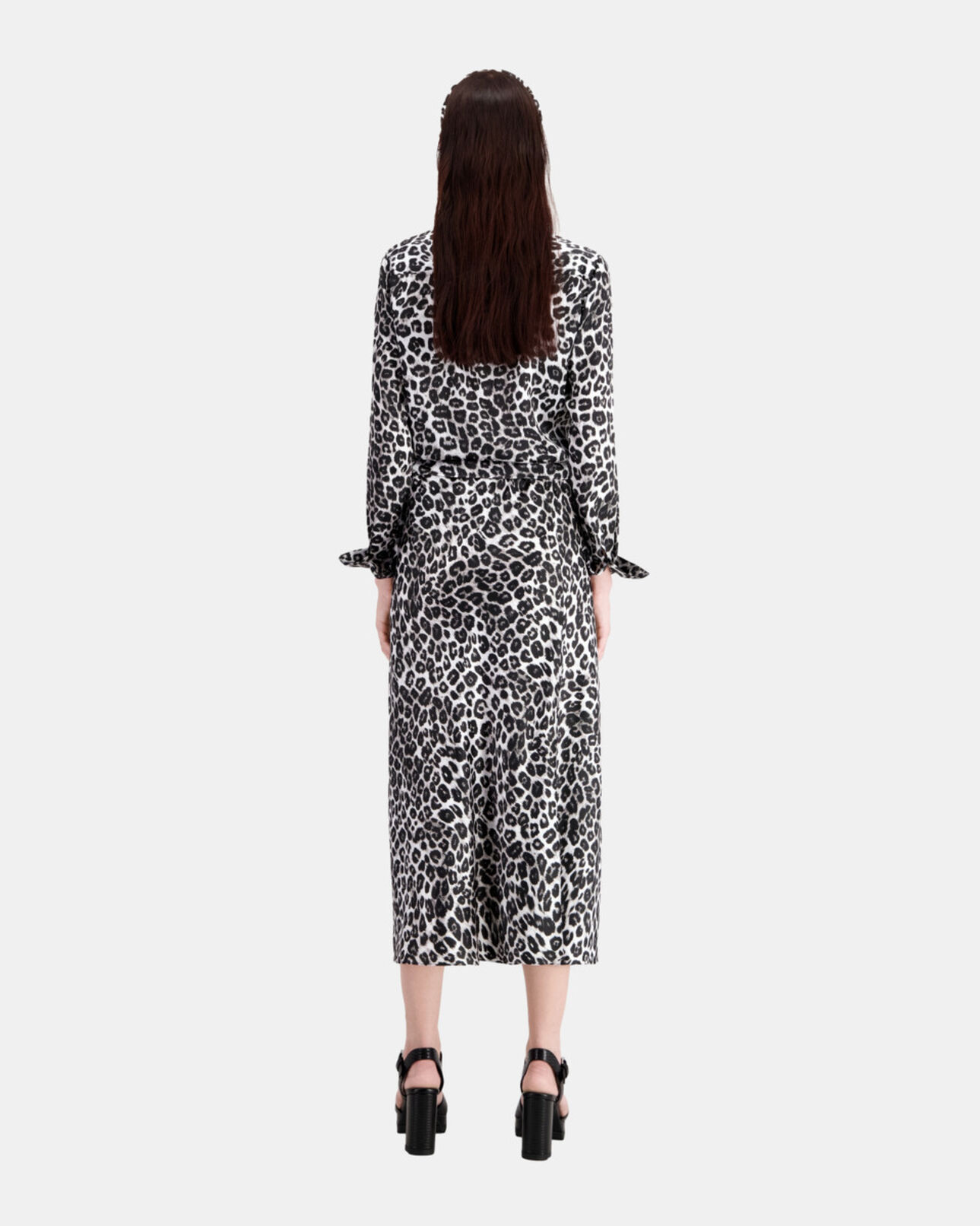 The Kooples WOMEN BLACK WHITE LEOPARD long printed silk skirt