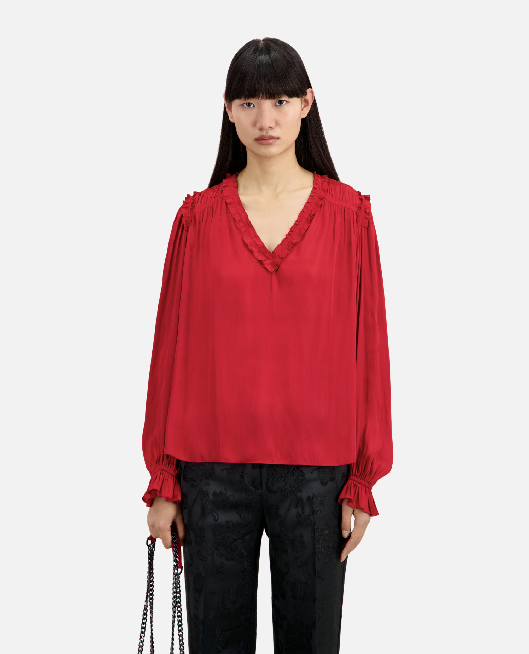 Red top with shirring, LIGHT BURGUNDY, hi-res image number null