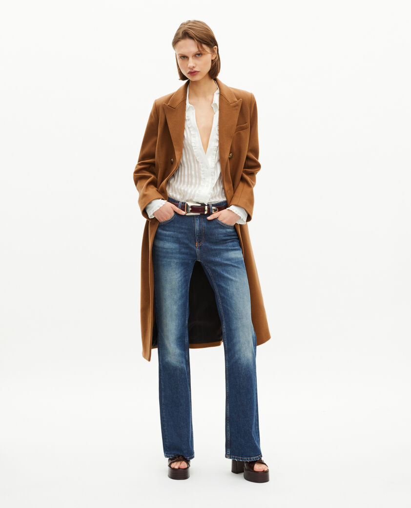 The Kooples DAMEN CAMEL MELANGE / BURGUNDY langer, zweireihiger mantel aus kamelwolle