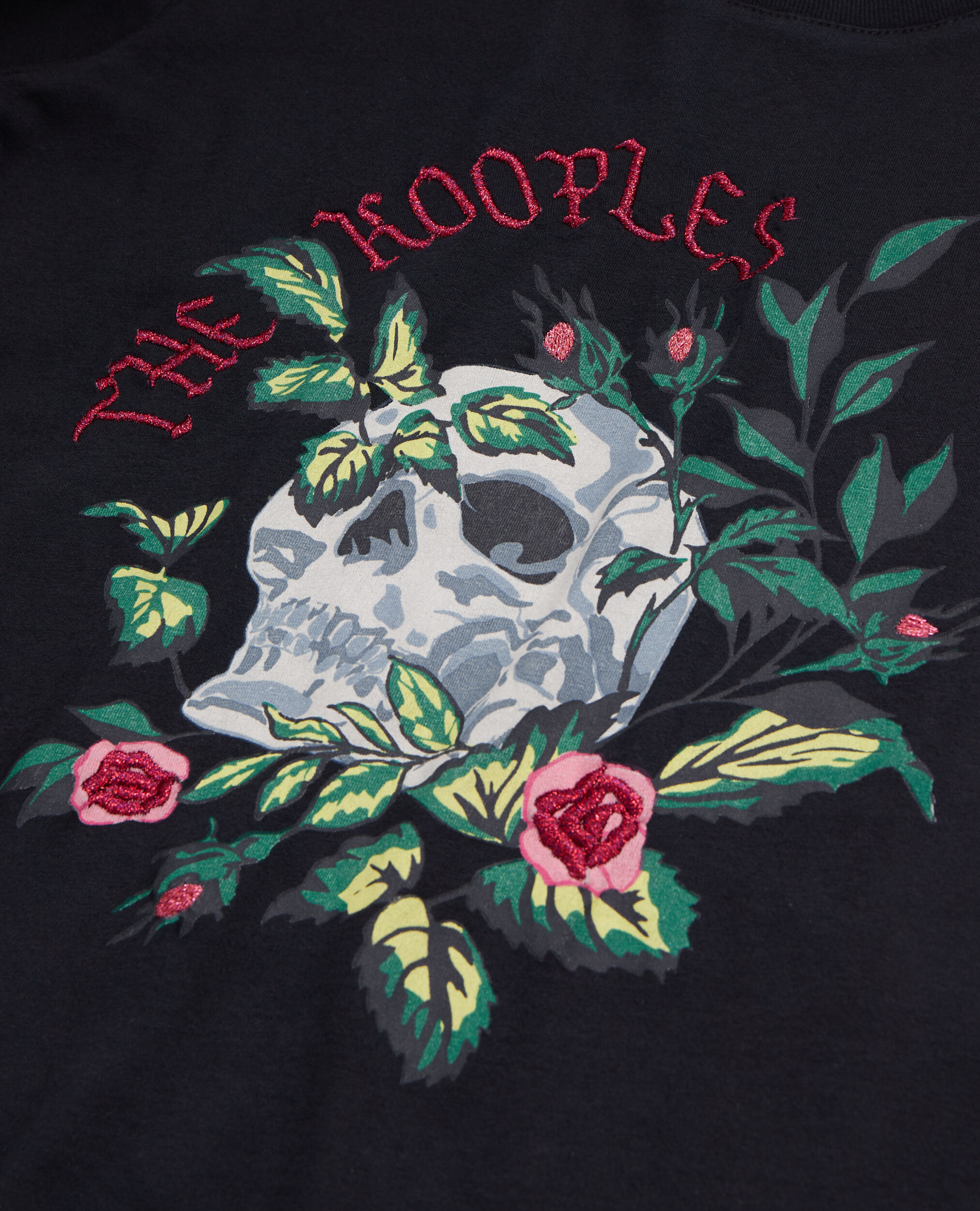 Women's black t-shirt with skull - roses serigraphy, BLACK, hi-res image number null